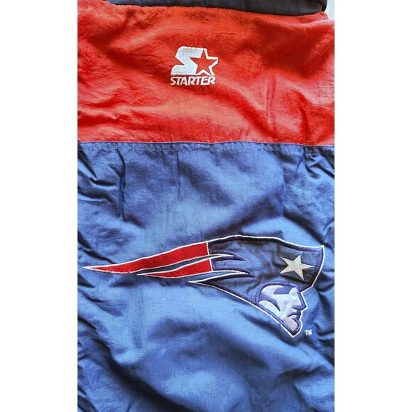 New England Patriots 90s STARTER puffer Pullover jacket yth L blue NFL Pro vtg - Picture 6 of 12